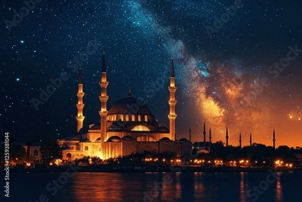 Obraz Ramadan or islam concept. Suleymaniye Mosque and the Milky Way. Laylat al-qadr or kadir gecesi with generative ai
