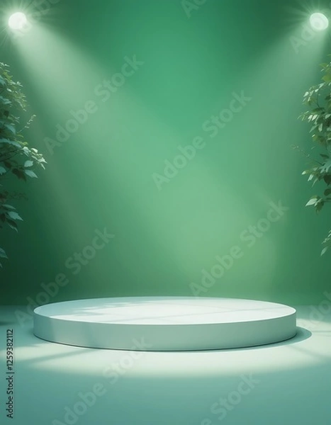 Obraz Minimalist Green Podium with Spotlight and Foliage for Product Presentation
