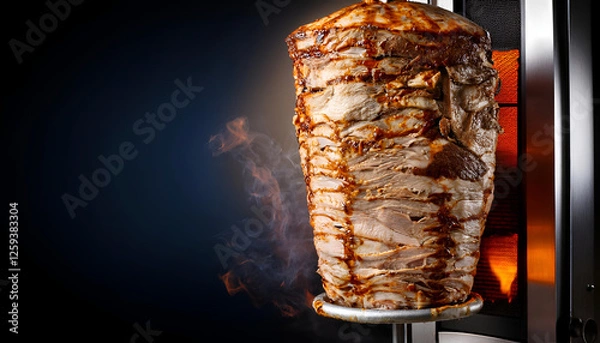 Fototapeta Meat is fried for shawarma, empty space for text