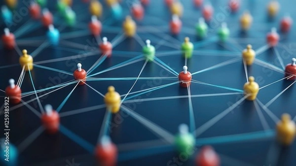 Fototapeta A vibrant network of connected figures representing social connections and collaboration in a digital environment.