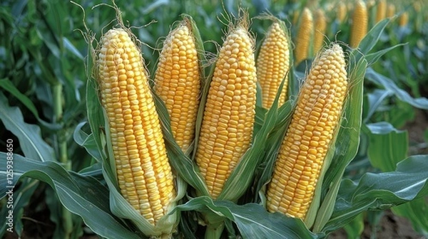 Fototapeta Close-up view of ripe corn cobs on green stalks in a vibrant field during harvest season