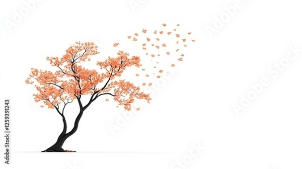 Fototapeta A solitary tree with orange leaves shedding in the wind against a white background
