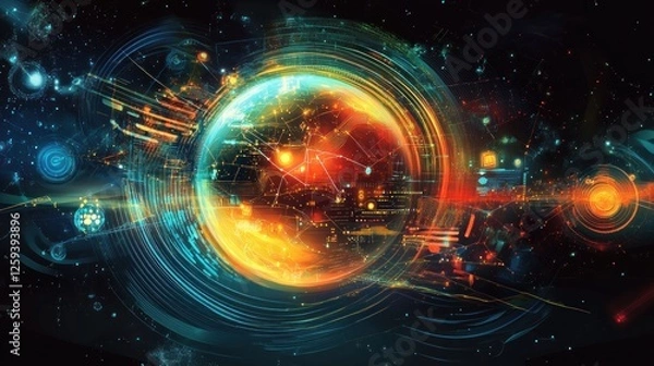 Fototapeta Global network, digital data flows, futuristic space