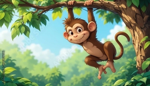 Fototapeta Adorable Cartoon Monkey Hanging from a Lush Green Tree Branch in a Sunny Jungle