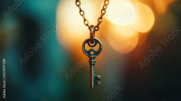 Fototapeta key pendant hanging from a neck, with the fine texture and subtle shine of the key standing out against the blurred background.
