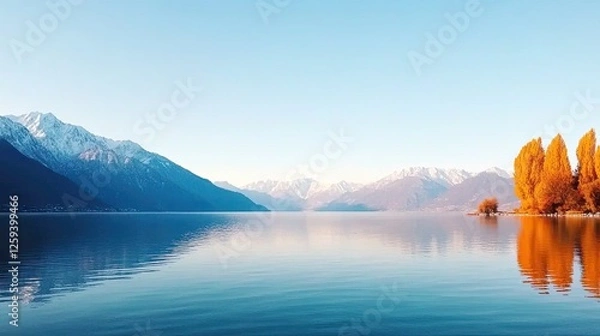Obraz Serene lake landscape with mountains, autumn trees reflecting in calm water at sunrise