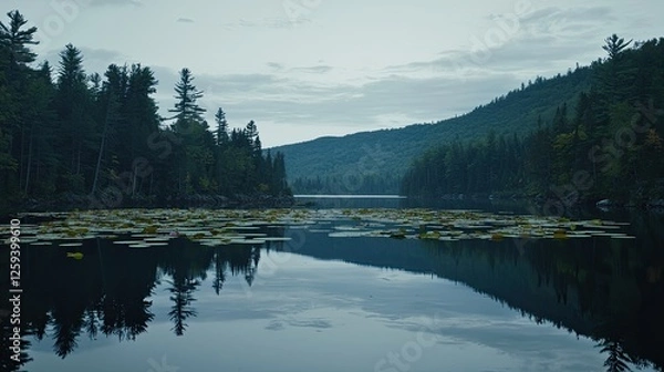 Obraz Serene lake surrounded by lush trees under a cloudy sky, reflecting nature's calm beauty