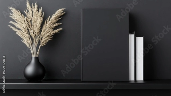 Fototapeta Neutral-toned pampas grass in a black vase sits on a dark shelf next to a black book and two white books. A minimalist, modern aesthetic.