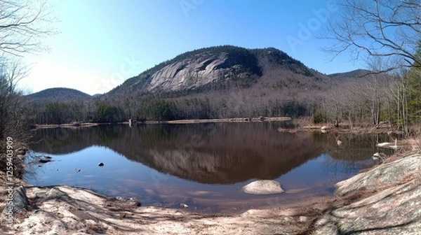 Obraz Serene mountain lake reflecting the clear blue sky and surrounding trees in a tranquil landscape