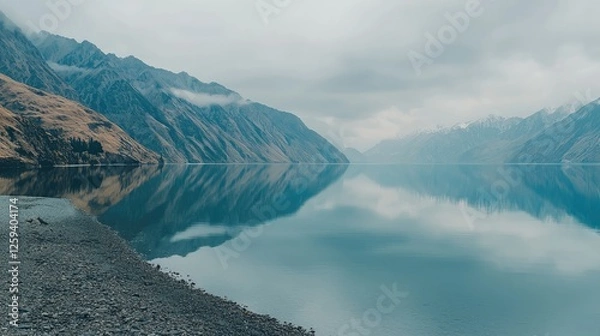Obraz Serene mountain lake reflecting cloudy skies and rugged peaks, with tranquil shores and nature's beauty