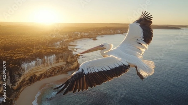 Obraz Majestic pelican soaring over coastal cliffs at sunset, capturing nature's beauty and tranquility
