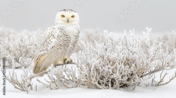 Obraz Snowy owl perched on frost-covered shrubs in a winter landscape with soft, blurred background