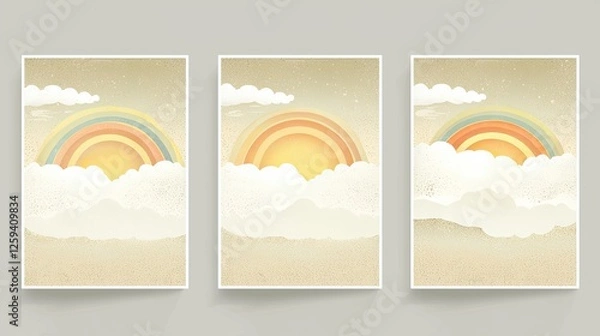 Fototapeta Three serene illustrations of rainbows emerging from soft clouds against a gentle background