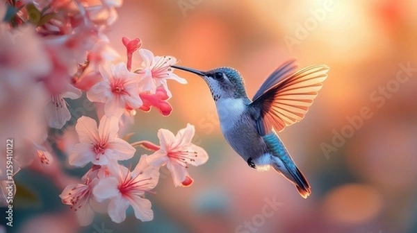 Fototapeta A hummingbird hovering gracefully near vibrant pink flowers during a serene sunset