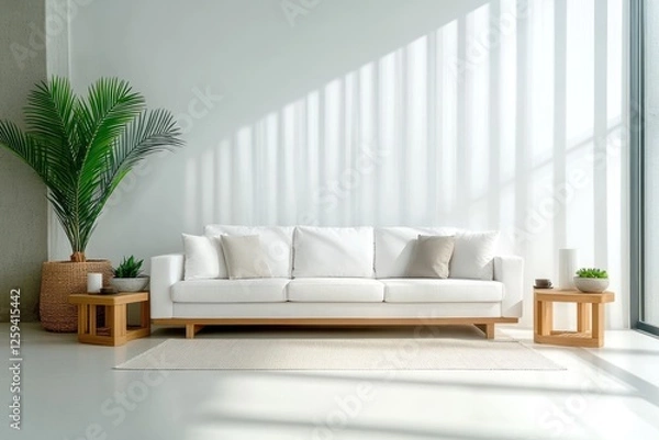 Fototapeta Minimalist Scandinavian Living Room with White Sofa in Modern Studio Apartment