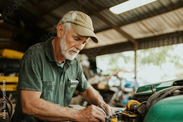 Fototapeta A technician repairs a tractor engine at an agricultural machinery workshop
