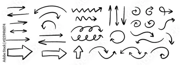 Obraz Hand drawn curved and straight arrow set. Black grunge sketch arrow collection. Doodle sketched pointers and direction lines. Wavy and zigzag brush stroke bundle for flyer, poster, brochure. Vector