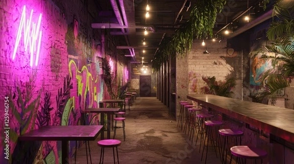 Fototapeta Vibrant Street Art Cafe with Neon Lights and Relaxing Vibes