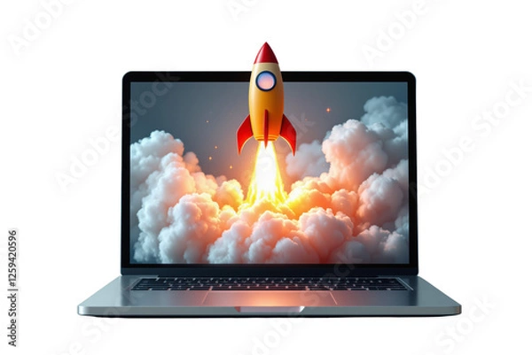 Fototapeta Laptop with a rocket launching from its screen, surrounded by clouds of smoke and fire, isolated on a white background. Concept of startup and innovation. Ai generative
