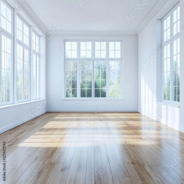 Obraz Bright Empty Room with Large Windows and Wooden Floor Interior Design and Architecture