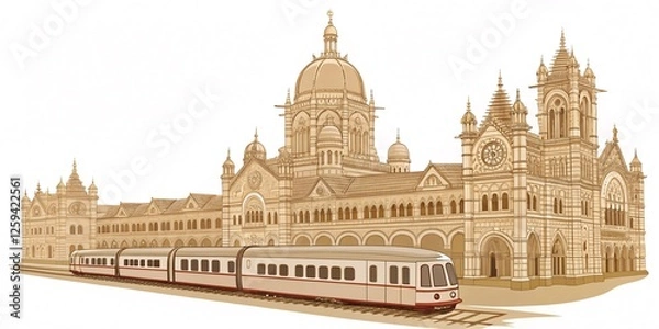 Fototapeta imeless Glory Chhatrapati Shivaji Maharaj Terminus with a Classic Indian Railways Train – Front View on a Pristine White Canvas