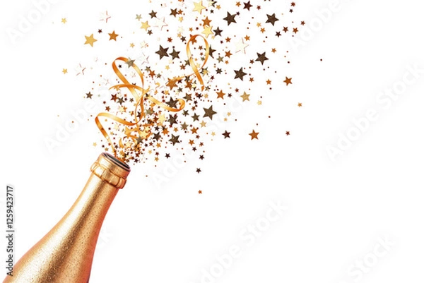 Fototapeta Golden champagne bottle with stars and ribbons bursting out, isolated on a white background. Celebration and festive concept. Ai generative