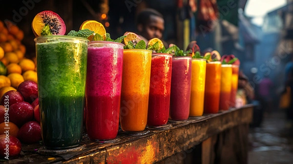 Obraz A colorful row of freshly blended fruit smoothies in tall glasses, garnished with mint leaves and served with vibrant tropical fruits.
