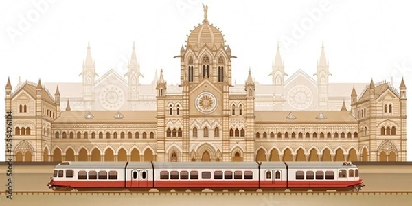 Fototapeta imeless Glory Chhatrapati Shivaji Maharaj Terminus with a Classic Indian Railways Train – Front View on a Pristine White Canvas