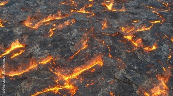 Fototapeta Fiery Lava Flow Across Rugged Valley Floors with Glowing Embers