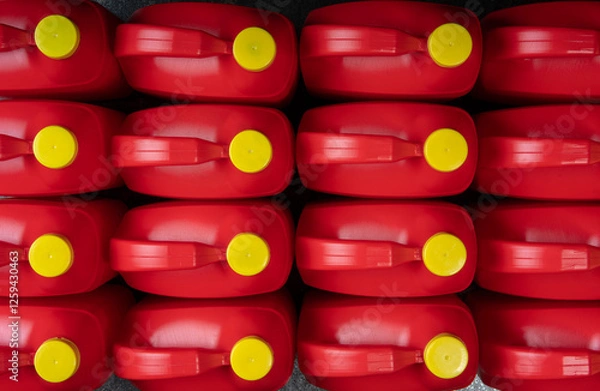 Obraz Top view of arranged red plastic motor oil bottles, containers with handle and yellow screw cap