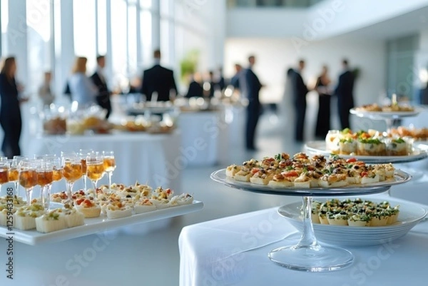 Fototapeta Elegant Catering Event with Delicious Appetizers and Champagne in a Bright Modern Space