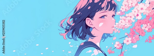 Obraz 春の桜舞う女子高生