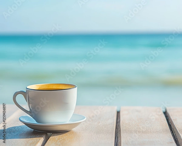 Fototapeta Serene Coffee Moment by the Beach - A Perfect Blend of Relaxation and Refreshment, Ideal for Travel and Lifestyle Inspirations
