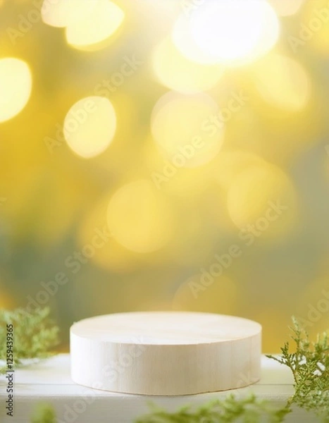 Obraz product display with green nature concept and background with yellow sunlight bokeh