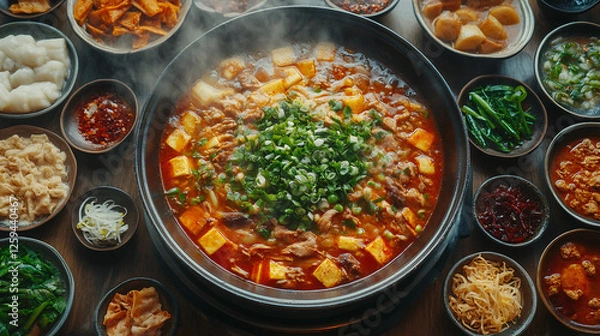 Obraz A sizzling pot of spicy tofu stew, infused with fresh green onions, garlic, and chili peppers, creating a vibrant and flavorful dish.