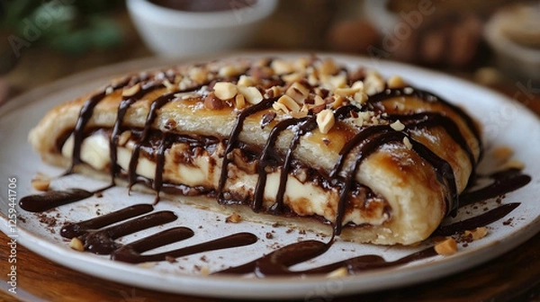 Obraz A rich and creamy layered tiramisu cake drizzled with dark chocolate syrup and dusted with cocoa powder, presented on a wooden dessert plate.
