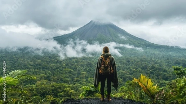 Fototapeta A female backpacker in a poncho and hiking boots stands in front of the Arenal Volcano, Costa Rica, with steam rising from its peak. The lush rainforest surrounding the volcano adds to the dramatic sc