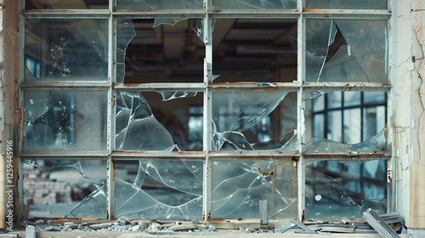 Fototapeta Cracked and Broken Window in Abandoned Building, Perfect for Urban Decay and Desolate Scene Illustrations