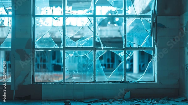Fototapeta Cracked and Broken Window in Abandoned Building, Perfect for Urban Decay and Desolate Scene Illustrations