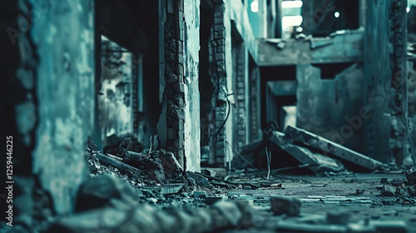 Fototapeta Abandoned Building Ruins with Crumbling Walls, Perfect for Urban Decay and Post-Apocalyptic Illustrations