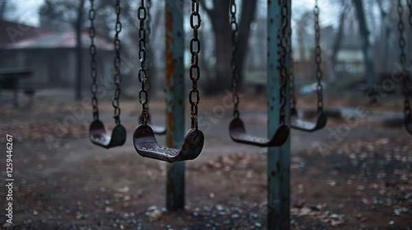 Fototapeta Empty swings in abandoned playground. Suitable for themes of nostalgia, loneliness, abandoned places, childhood memories, and emotional concepts.