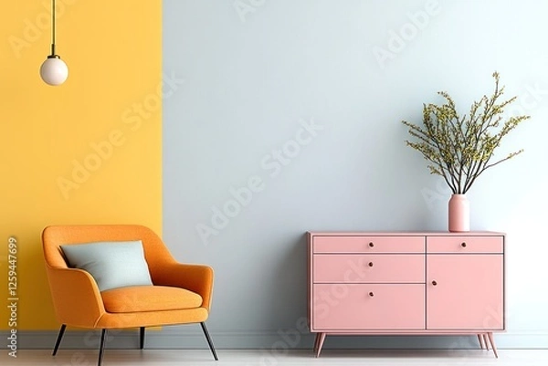 Obraz Scandinavian Retro Living Room with Orange Armchair and Pink Chest of Drawers