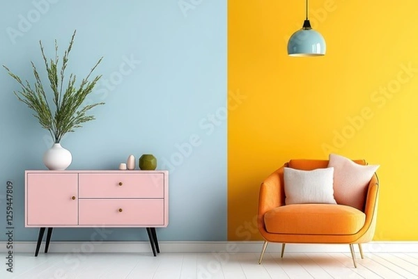 Obraz Scandinavian Retro Living Room with Orange Armchair and Pink Chest of Drawers