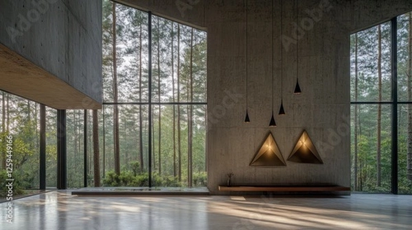 Obraz Interior view of an open space with concrete walls and large windows. There is a forest in the background, and a wall has three triangular cutouts on it