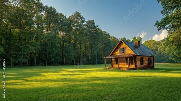 Fototapeta Secluded Log Cabin in a Sunny Forest Meadow