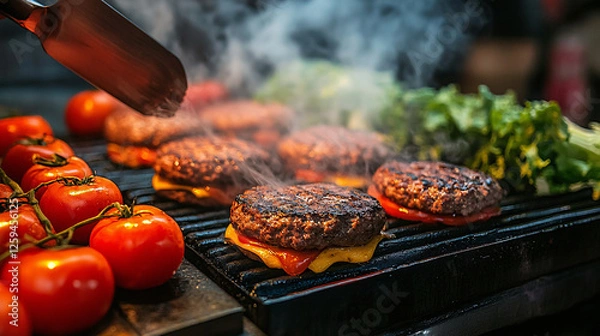 Obraz A juicy cheeseburger stacked with layers of grilled beef, cheddar cheese, fresh lettuce, and tomato, served on a toasted bun with melted butter.