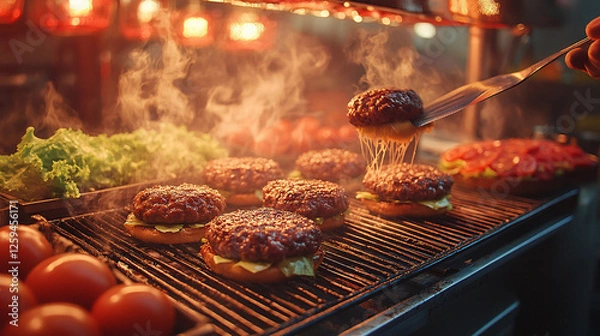 Obraz A mouthwatering close-up of a sizzling Korean barbecue, with marinated beef cooking alongside fresh onions, green onions, and mushrooms over an open flame.