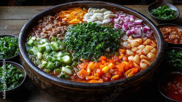 Obraz A steaming hot pot filled with a rich, spicy broth, assorted vegetables, tofu, and freshly chopped green onions, creating a traditional and flavorful Asian dish.
