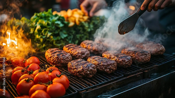 Obraz A sizzling barbecue grill loaded with thick beef patties, melting cheese, and fresh vegetables, radiating an appetizing smoky aroma.