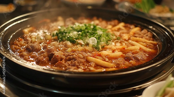 Obraz A close-up view of a bubbling hot pot filled with spicy broth, sliced meats, fresh vegetables, and aromatic herbs, capturing the essence of communal dining.